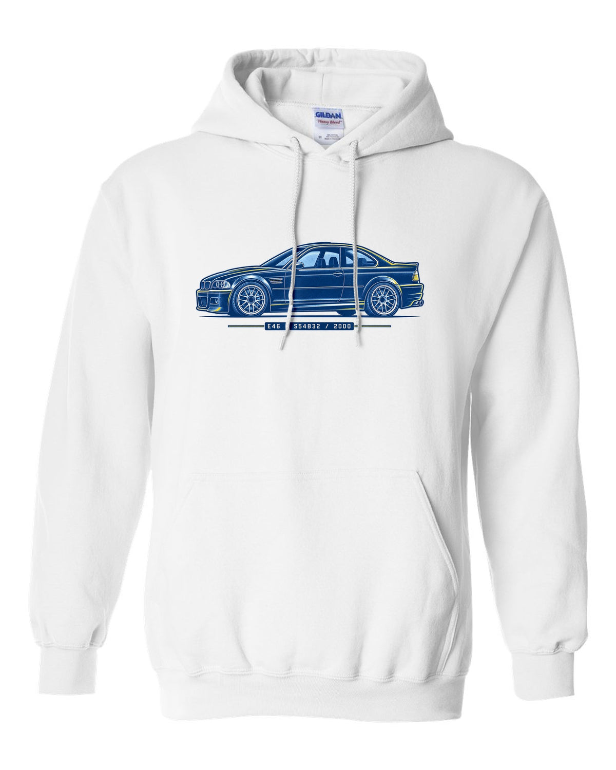 Cyanotype blueprint style print of a BMW E46 M3 coupe with E46 S54B32 2000 text white pull over hoodie front view with the design