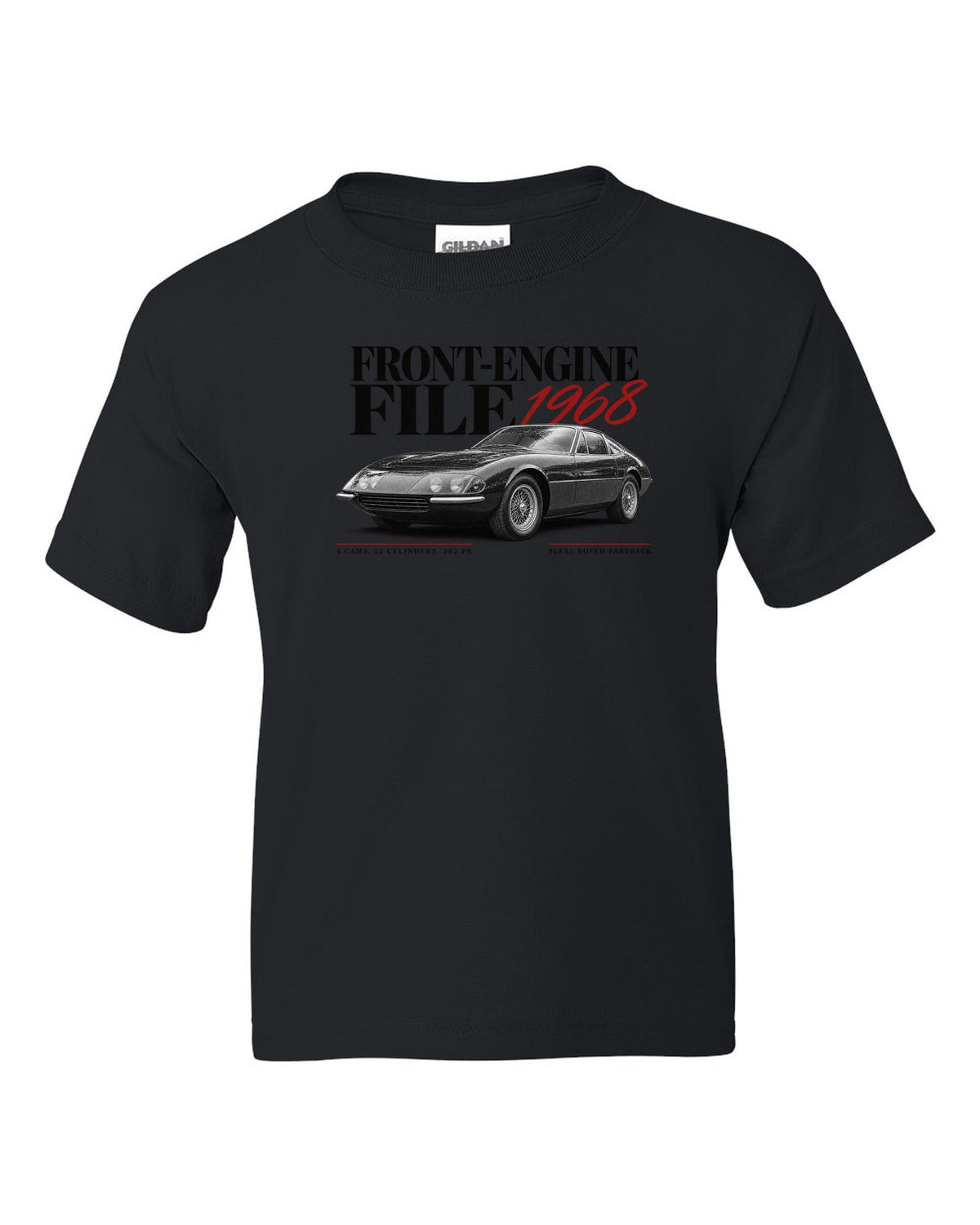 Editorial headline print of a Ferrari 365 GTB/4 Daytona with Front-Engine File 1968 and 352 PS text black kids tee front view with the design