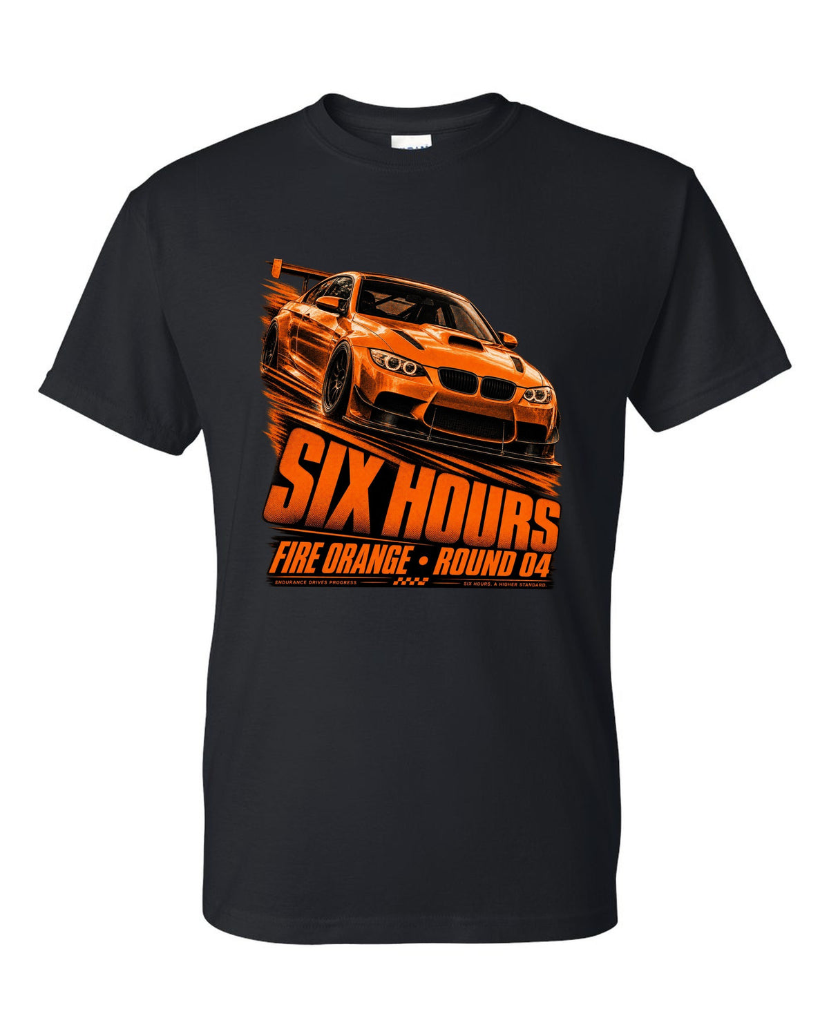 BMW E92 M3 GTS race poster print with Fire Orange round four lettering black t-shirt front view with the design