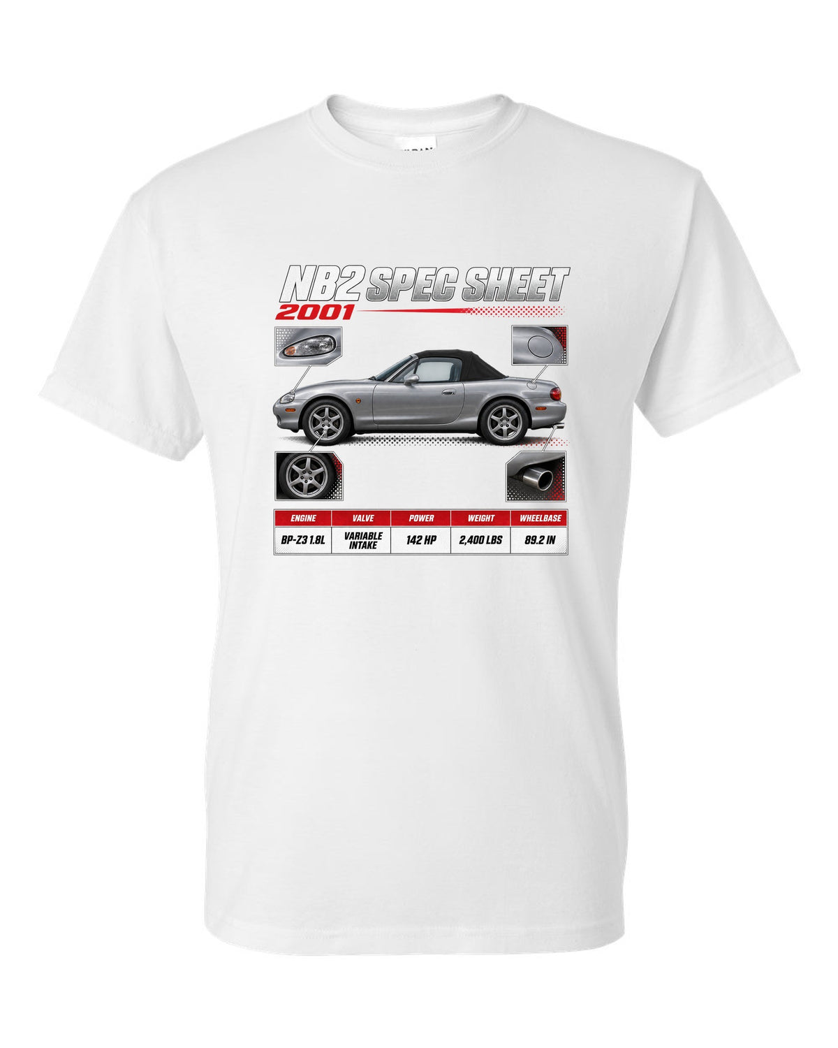 Spec poster print for the 2001 Mazda MX-5 NB2 reading NB2 spec sheet, 2001, variable intake white t-shirt front view with the design