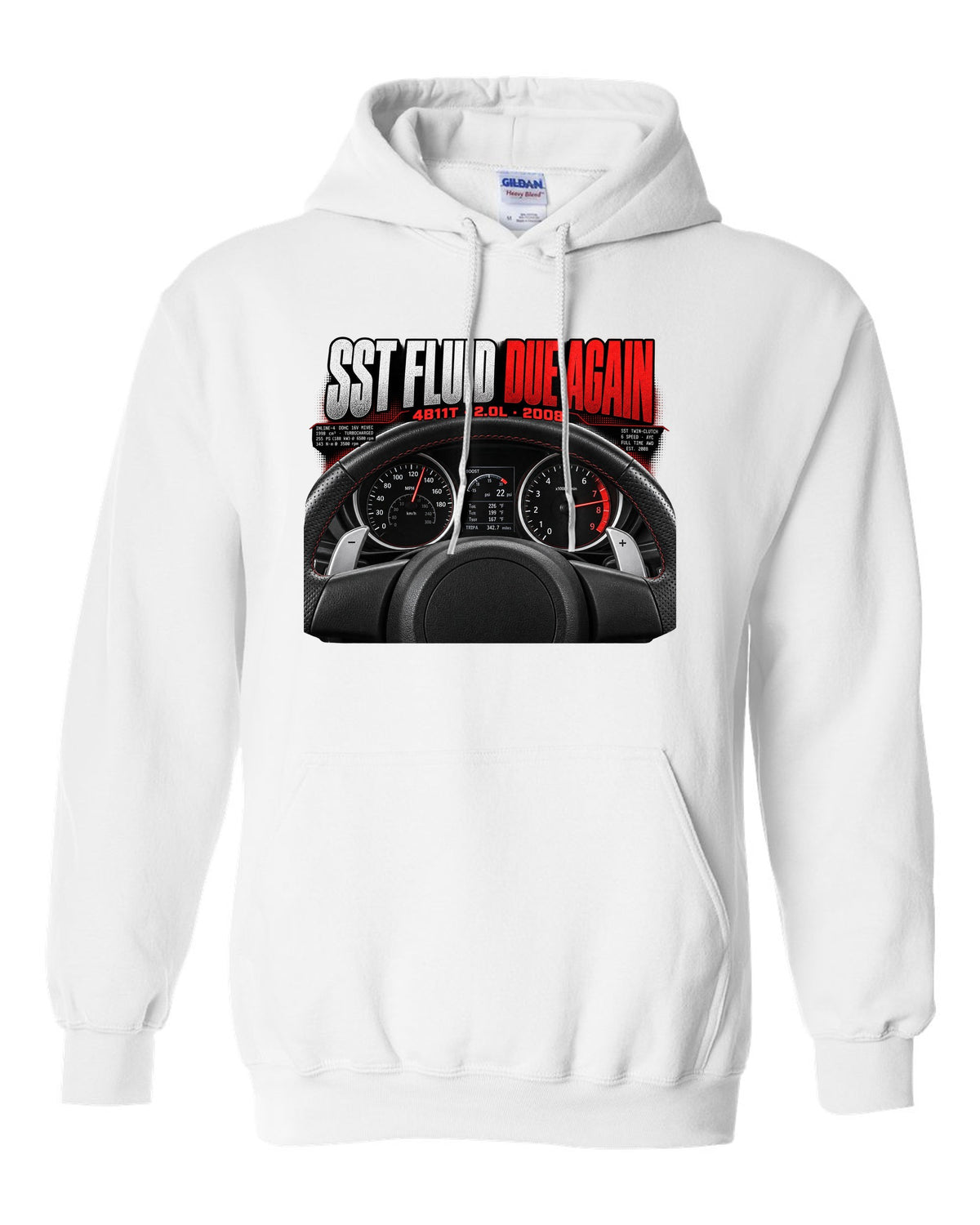 Mitsubishi Lancer Evolution X cockpit gauge print with SST fluid reminder text white pull over hoodie front view with the design