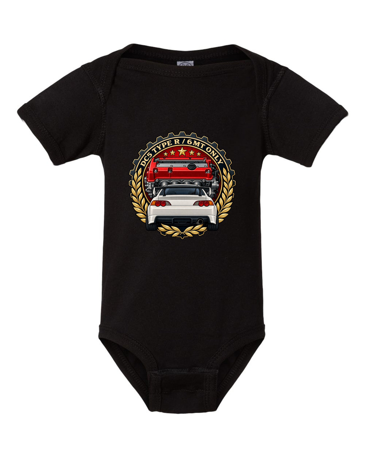 Cel-shaded anime night touge scene with a Honda Integra Type R DC5 black baby onesie front view with the design
