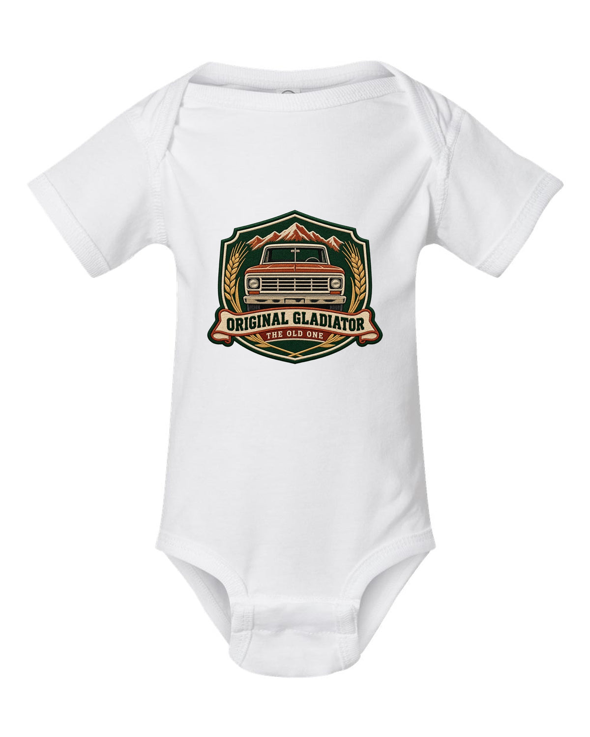 Embroidery-style shield crest print with Jeep Gladiator J-series pickup and the words The Old One white baby onesie front view with the design