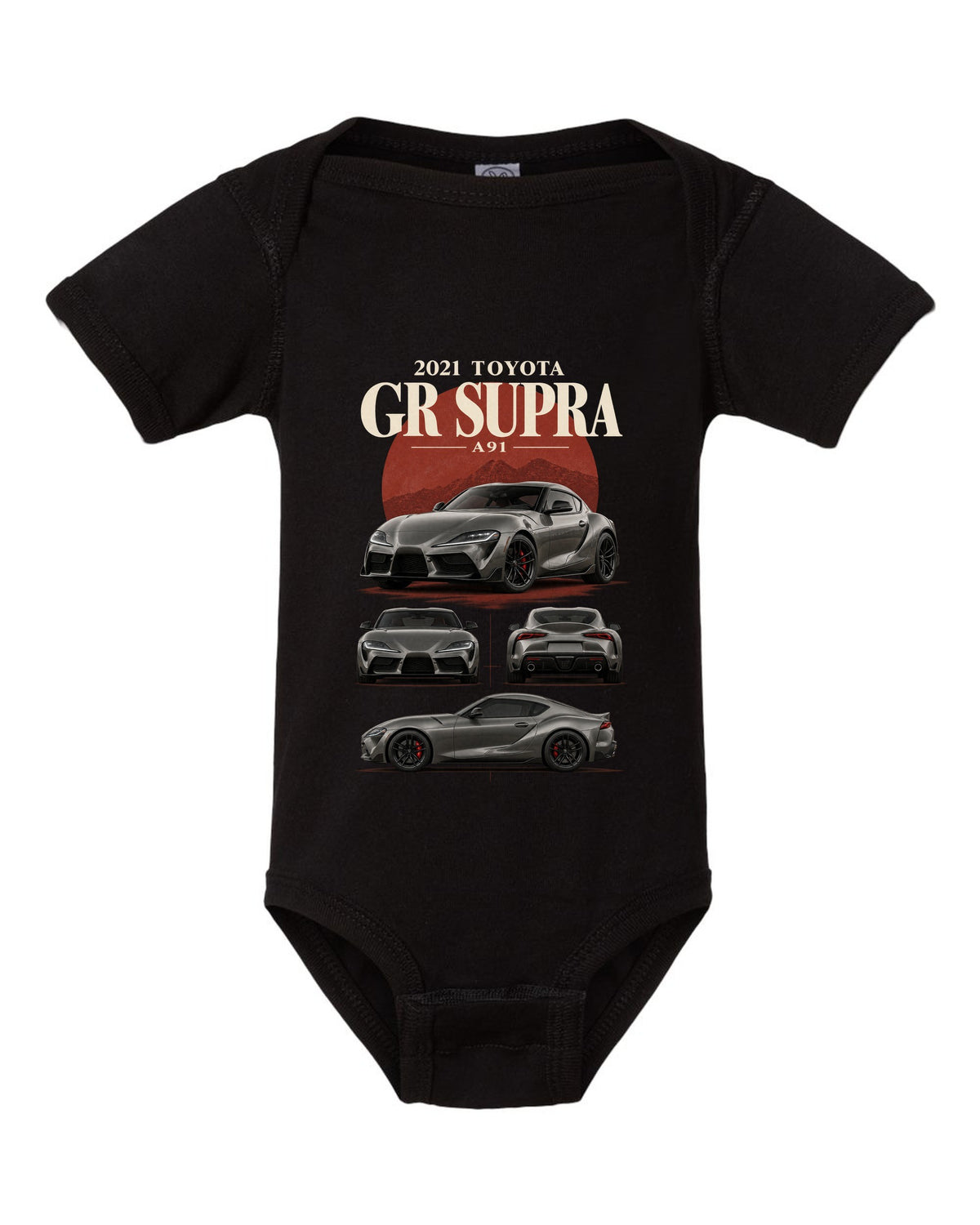Graphite halftone front three-quarter of the Toyota GR Supra A90 with Made in Graz text black baby onesie front view with the design