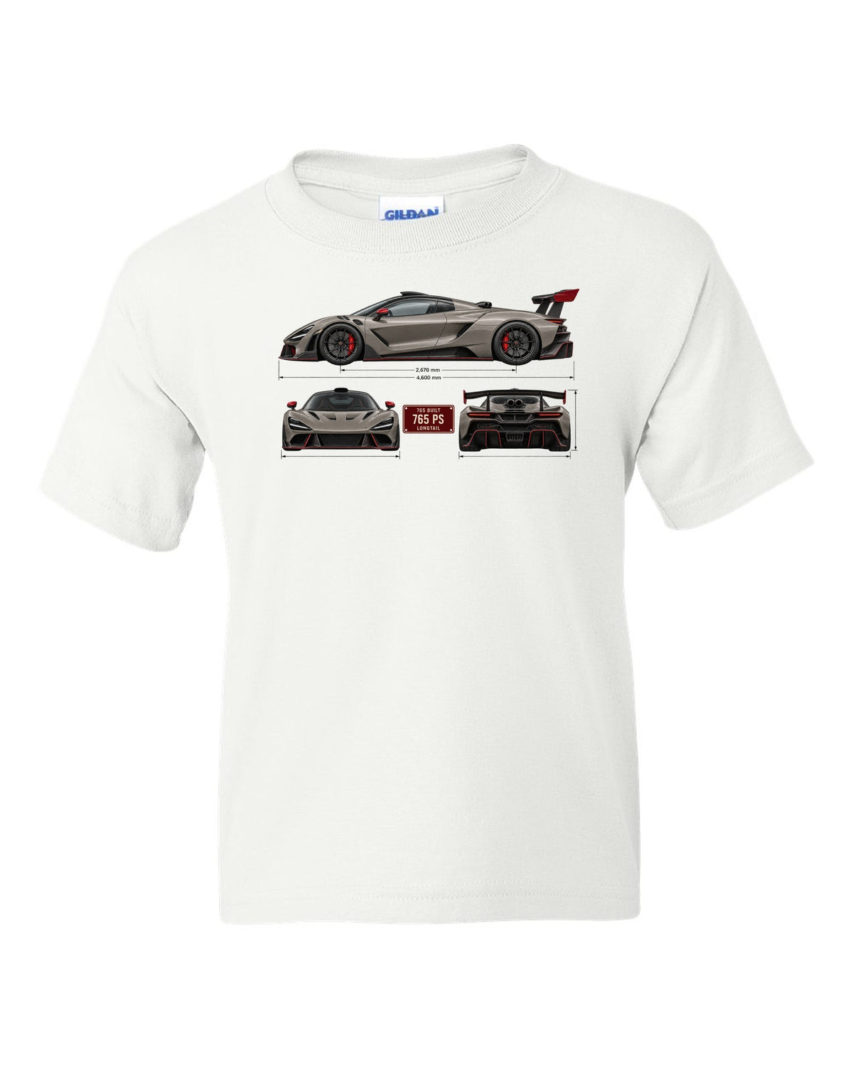 Three-view spec print of a McLaren 765LT, 765 built, 765 PS white kids tee front view with the design