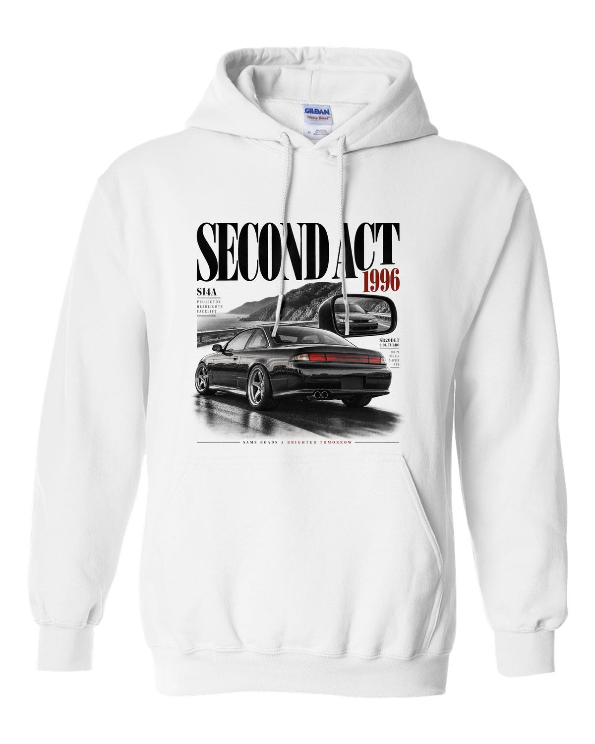 Editorial headline layout of a Nissan Silvia S14 kouki with Second Act, 1996 and projector headlights lettering white pull over hoodie front view with the design