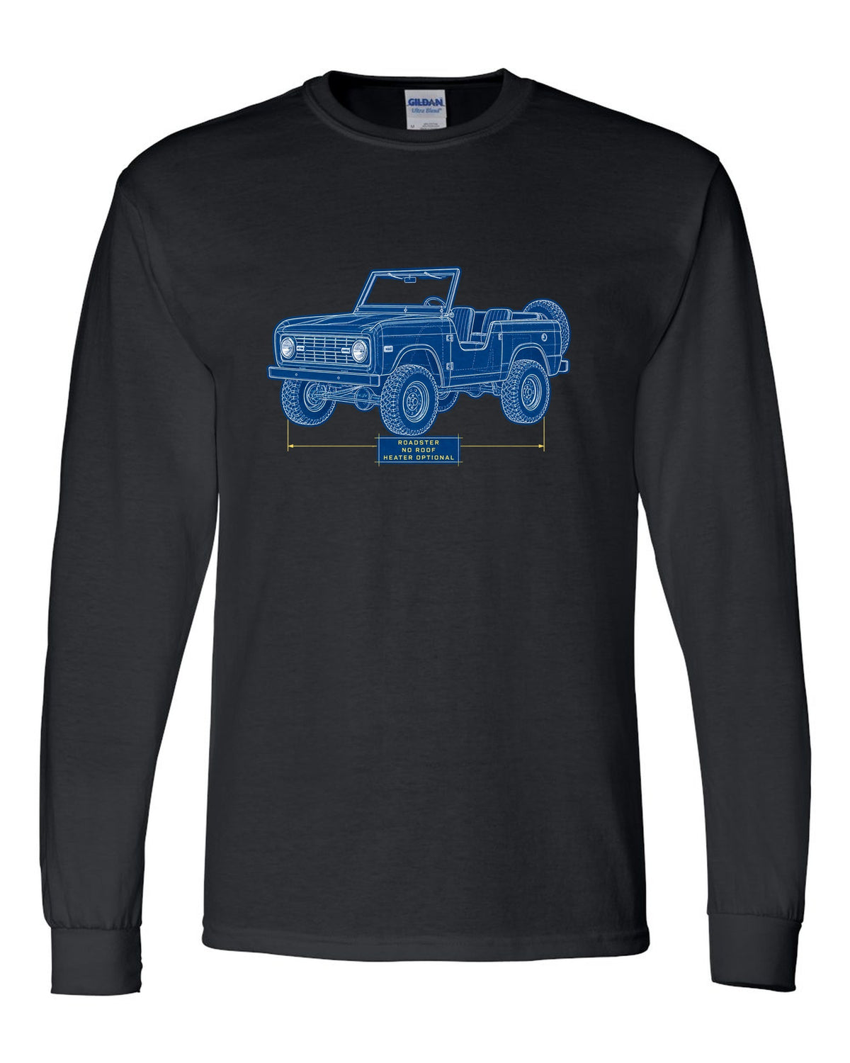 Cyanotype plan-view blueprint of a 1966 Ford Bronco U13 roadster on a trail map with NO ROOF lettering black long sleeve front view with the design