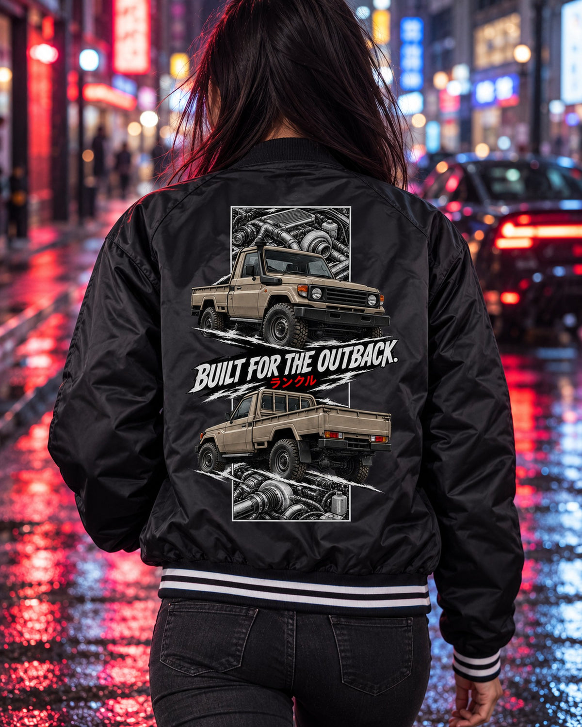 Toyota Land Cruiser 70 Torn Poster Full-Back Graphic Tee Bomber Jacket Black worn hero