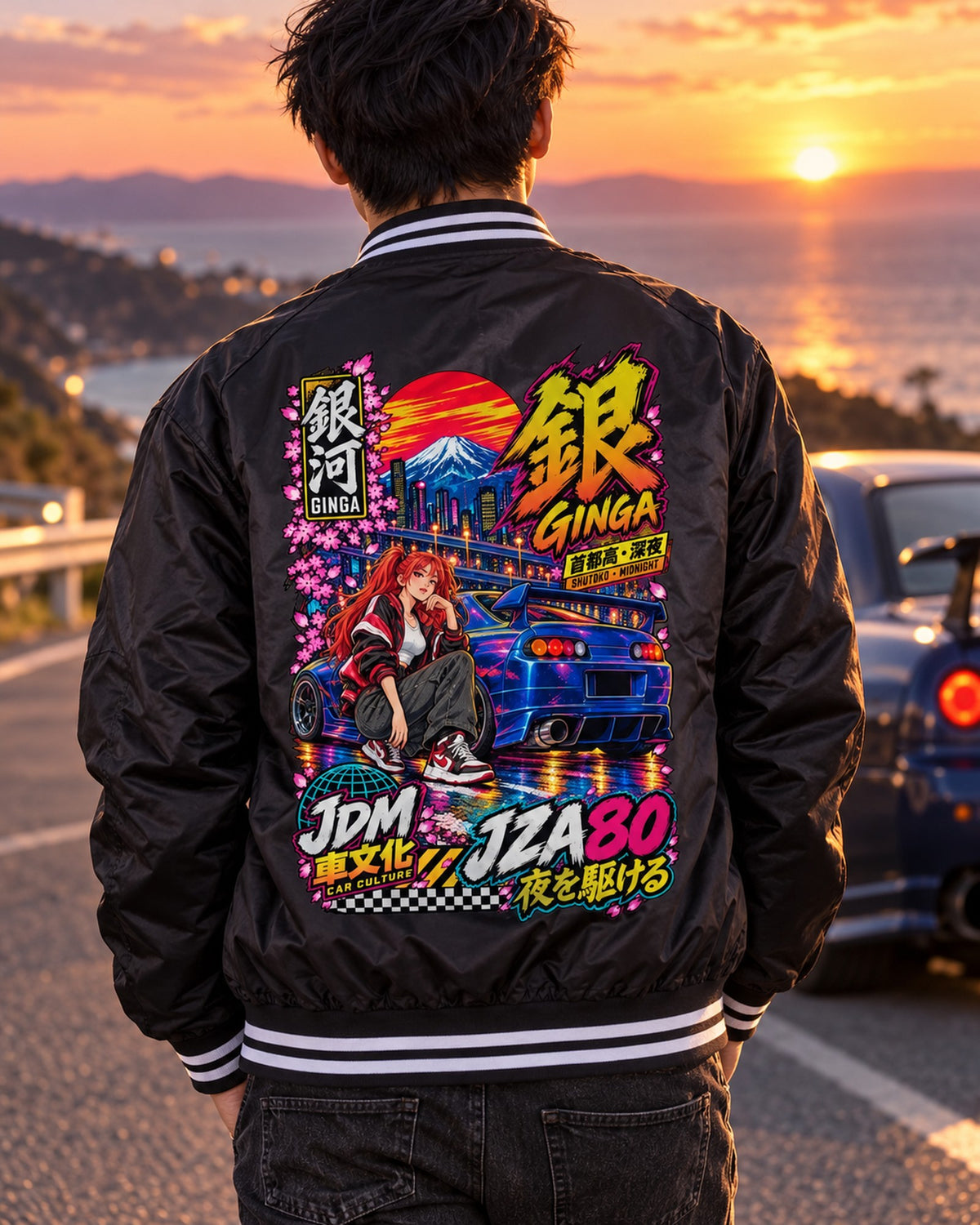 GINGA JZA80 Anime Girl Full-Back Graphic Tee Bomber Jacket Black worn hero