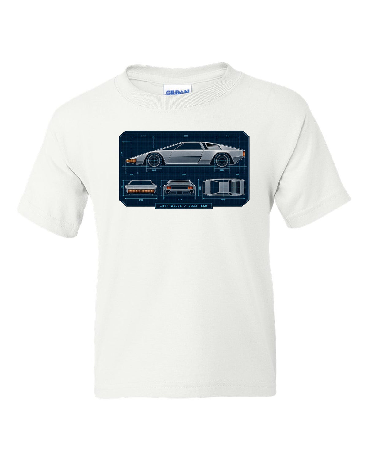 Technical orthographic blueprint print of the Hyundai N Vision 74 concept with 1974 wedge 2022 tech text white kids tee front view with the design
