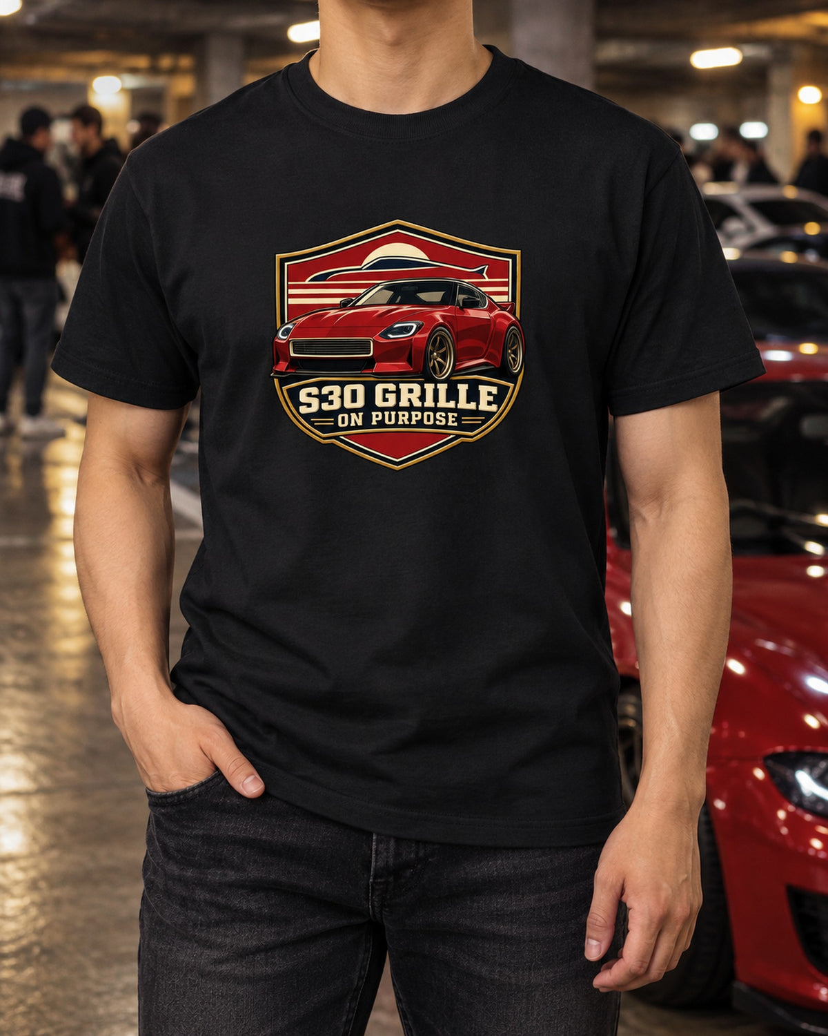 Nissan Z RZ34 Shield Crest Tee with S30 Grille Nod T-Shirt Black worn hero
