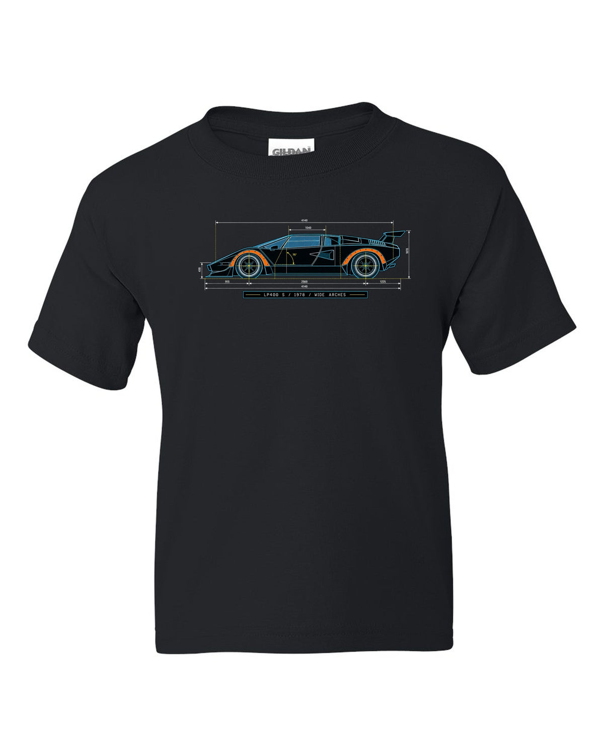 Blueprint patent line art of a Lamborghini Countach LP400 S 1978 with wide arches text black kids tee front view with the design