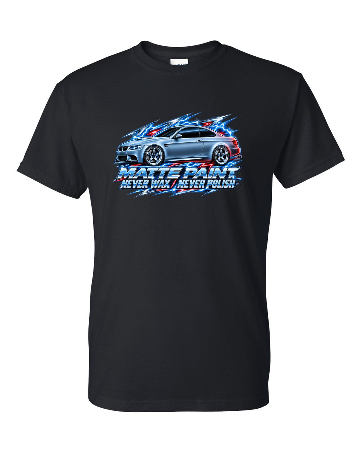80s chrome airbrush print of a BMW E92 M3 coupe with matte paint never wax never polish text black t-shirt front view with the design