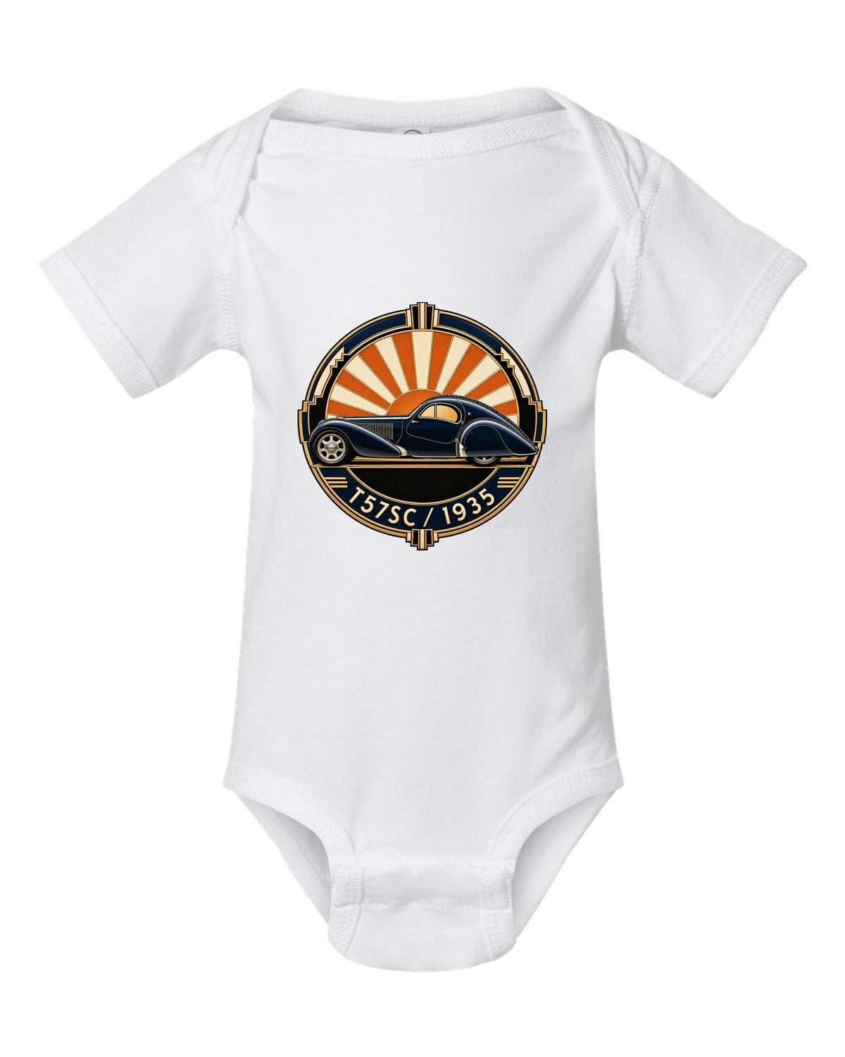 Art Deco crest design featuring the Bugatti Type 57SC Atlantic with T57SC 1935 lettering white baby onesie front view with the design