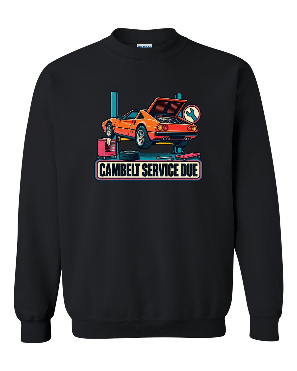 Risograph two-colour halftone print of a Ferrari 308 GTS with the text cambelt service due black crewneck front view with the design