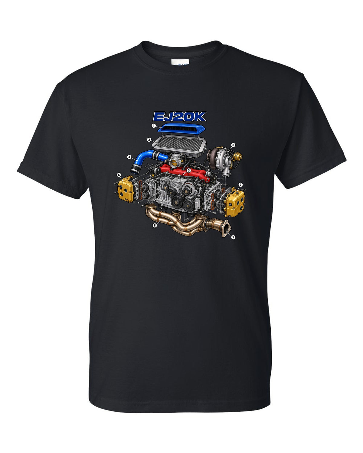 Subaru Impreza WRX GC8 EJ20K boxer engine in an exploded cutaway diagram black t-shirt front view with the design