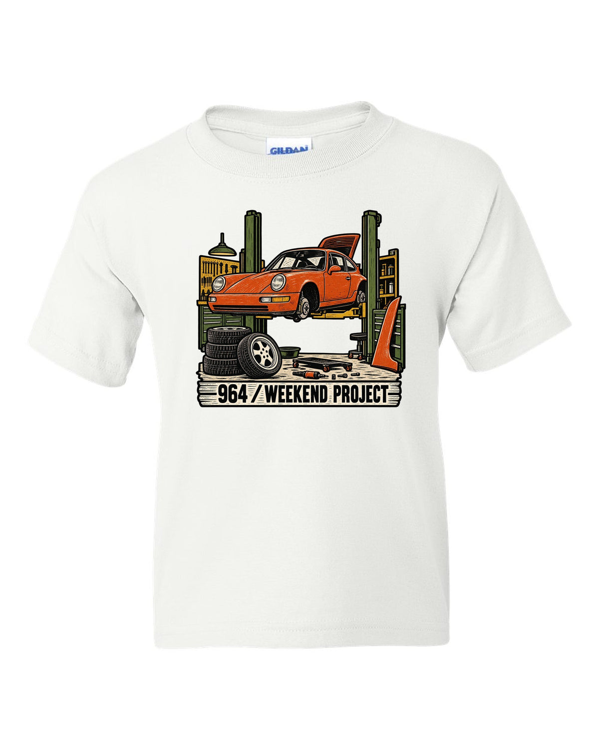 Linocut-style print of a Porsche 911 964 outlaw build with the text 964 Weekend Project white kids tee front view with the design