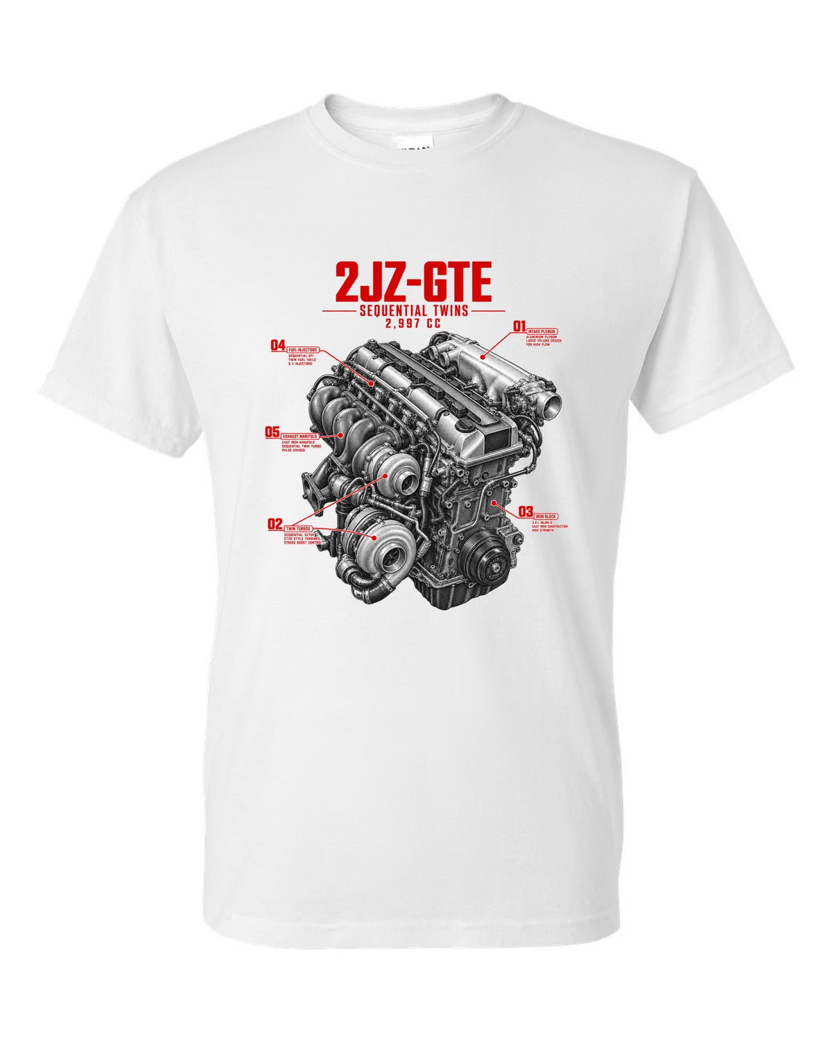 print of a Toyota Supra A80 2JZ-GTE engine with callouts for sequential twins and 2,997 cc white t-shirt front view with the design