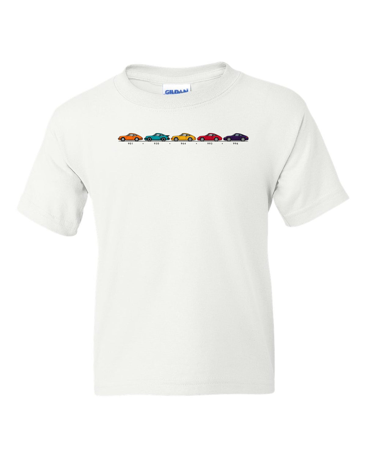 Retro Japanese showa advert style illustration of a 1955 Porsche 356 A Speedster white kids tee front view with the design