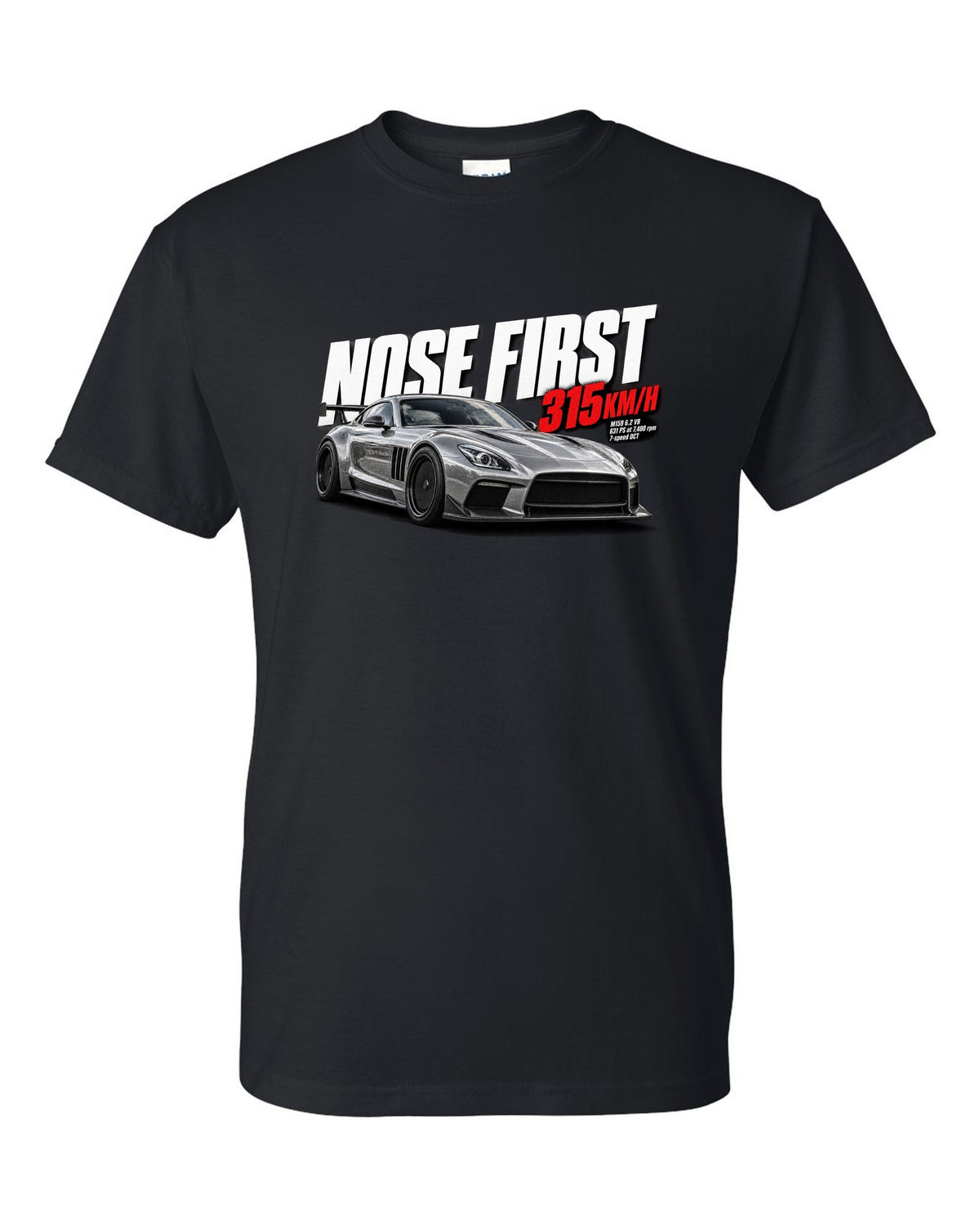 Halftone print of a Mercedes SLS AMG Black Series C197 with Nose First 315 km/h lettering black t-shirt front view with the design