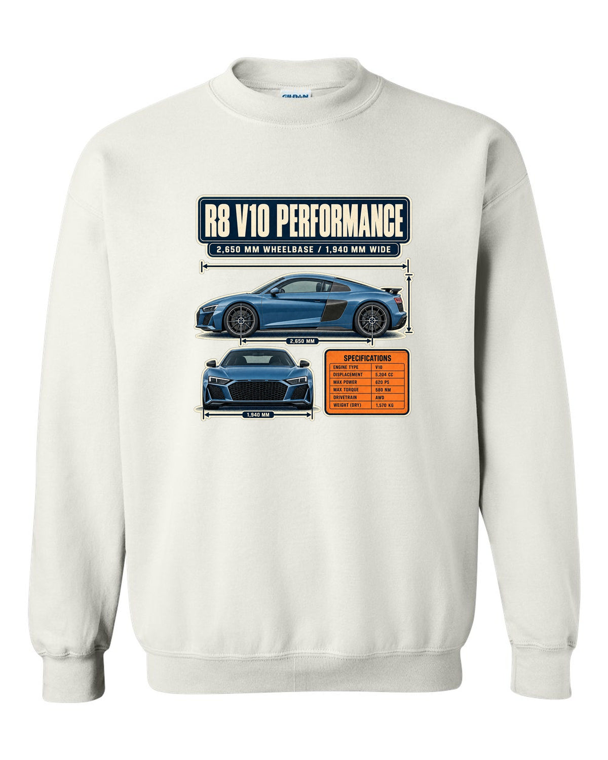 Audi R8 V10 performance Type 4S dimension blueprint print design white crewneck front view with the design
