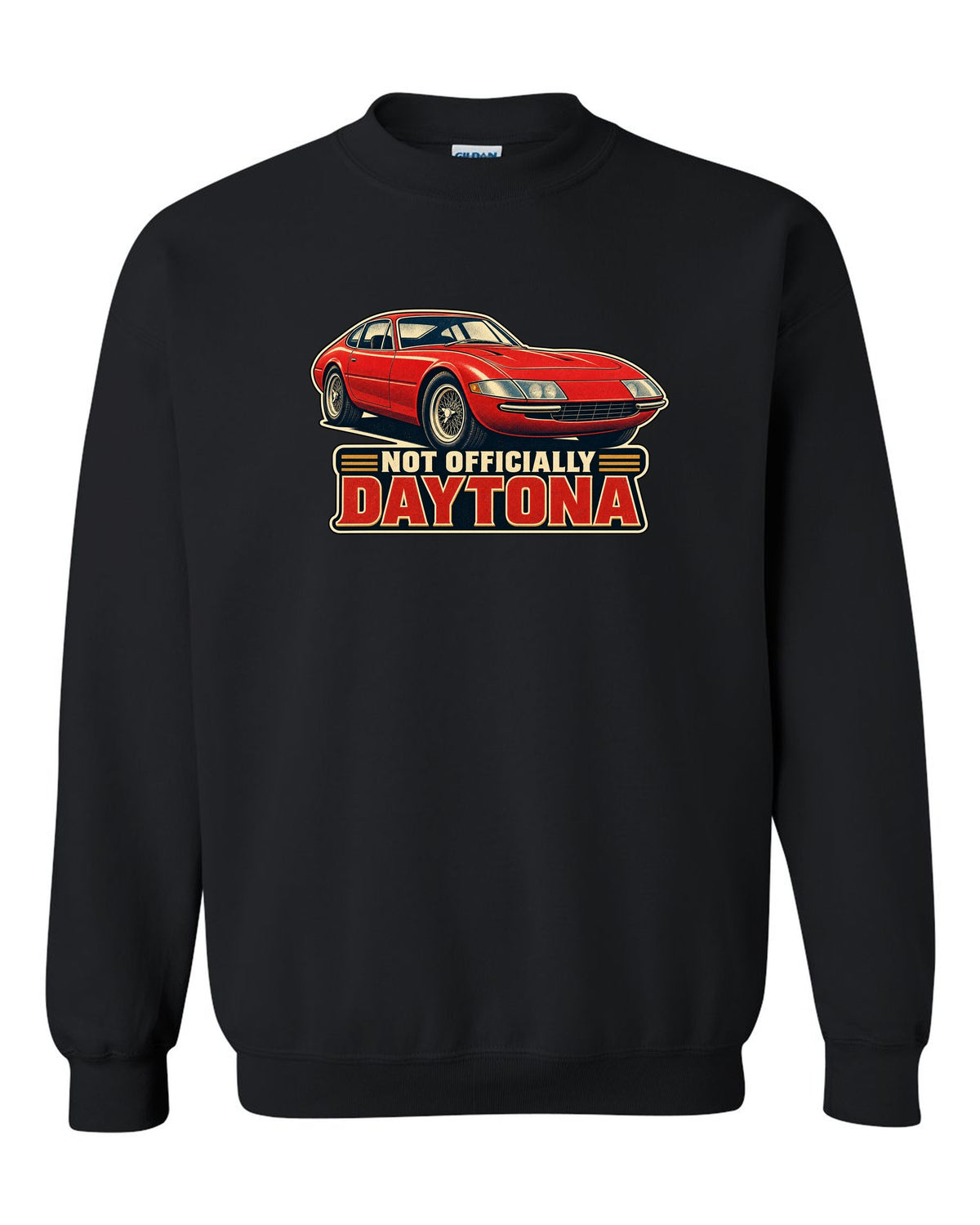 1960s race poster lithograph of the Ferrari 365 GTB/4 Daytona nose black crewneck front view with the design