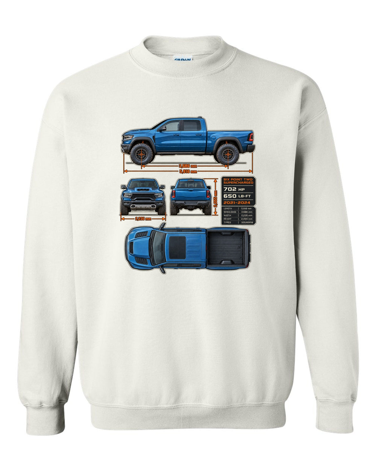 Ram 1500 TRX 2021-2024 dimension blueprint plate print white crewneck front view with the design