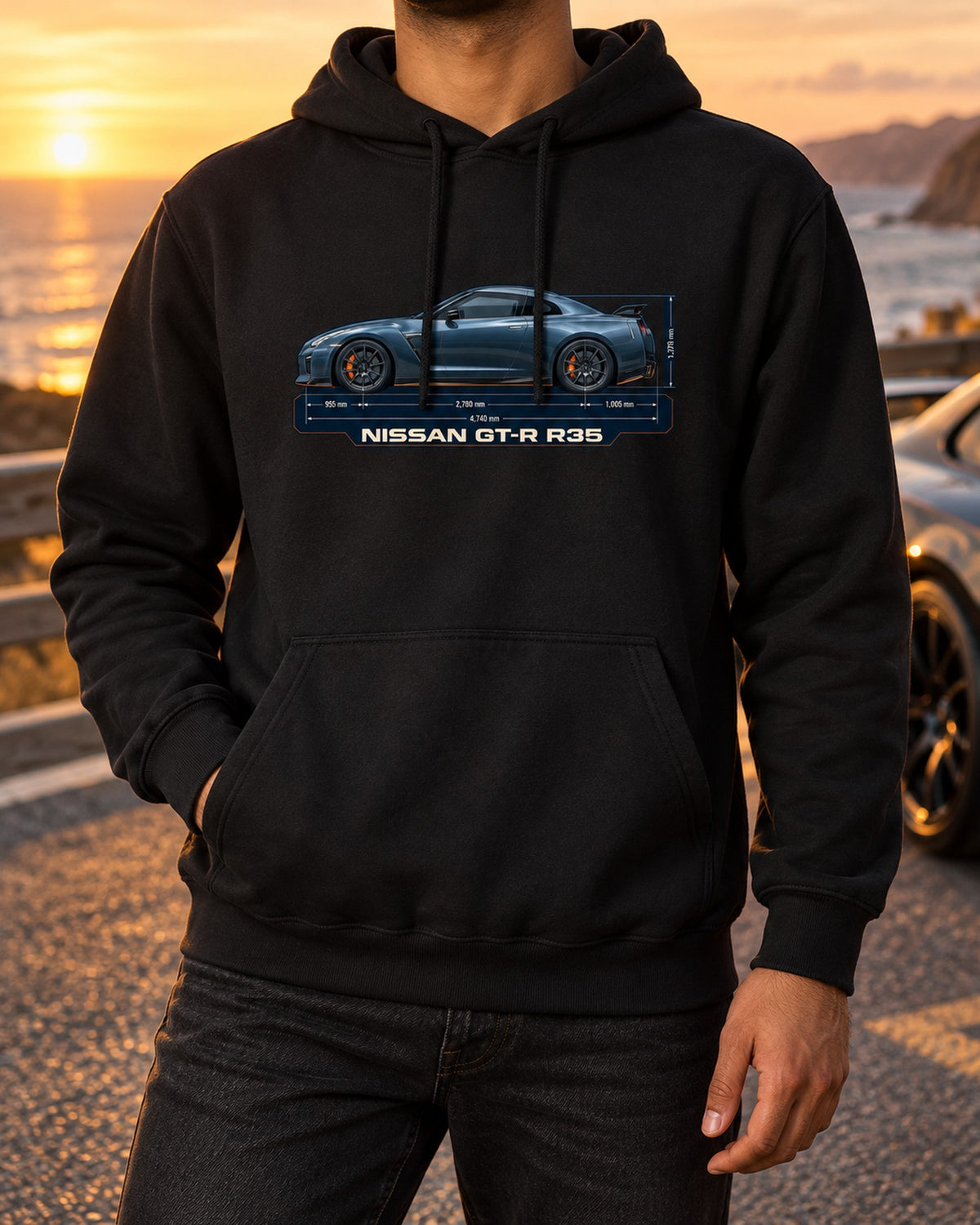 Nissan Z RZ34 Performance Dimension Blueprint Shirt, 2023 Z Tee Pull Over Hoodie Black worn hero