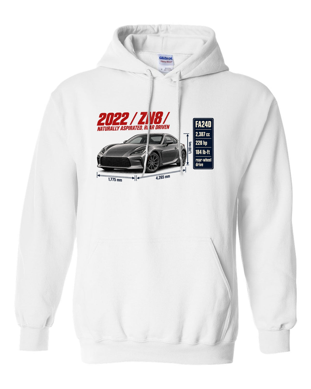 Spec poster layout for a 2022 Toyota GR86 ZN8, poster-style print white pull over hoodie front view with the design