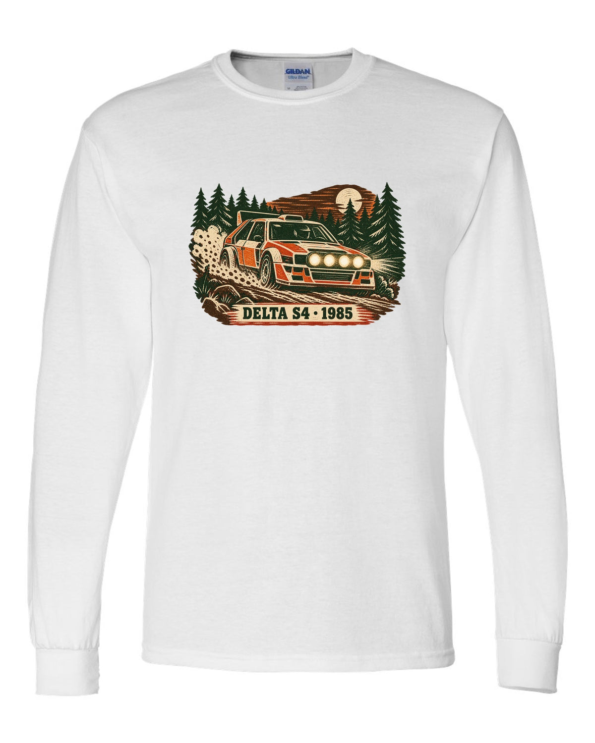 Multi-block linocut print of a 1985 Lancia Delta S4 on a forest rally stage white long sleeve front view with the design