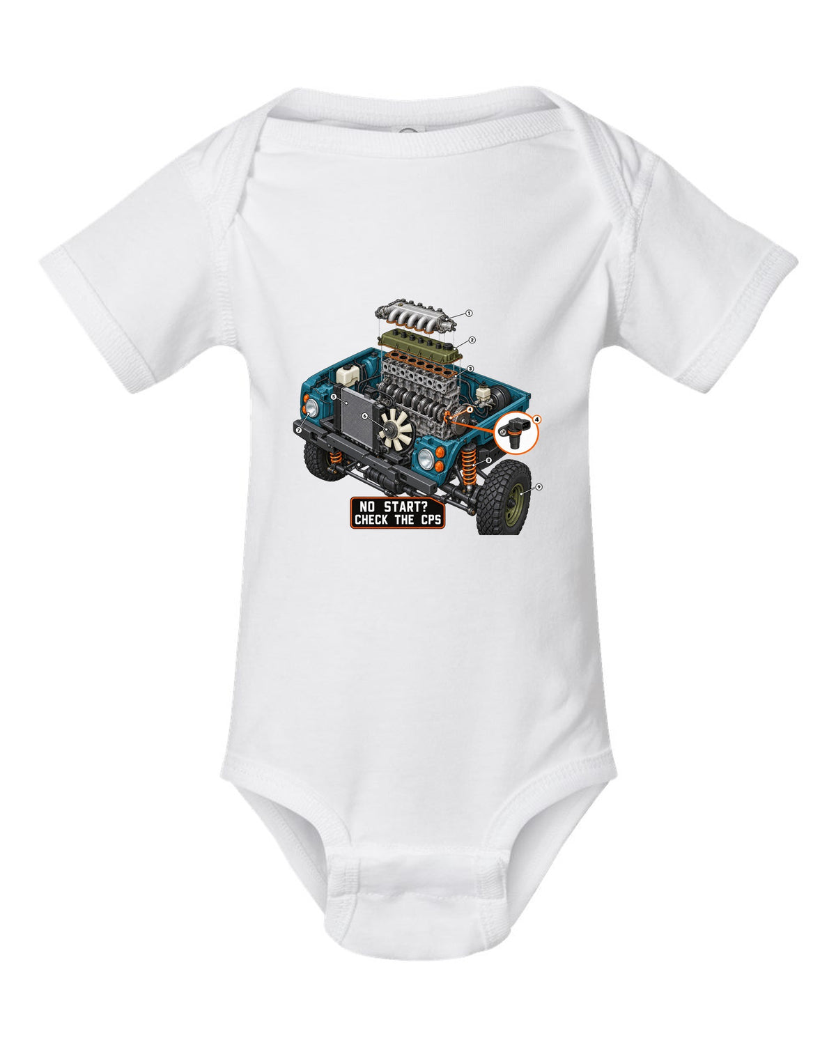 Exploded cutaway engine print of a Jeep Wrangler TJ with check the CPS text white baby onesie front view with the design