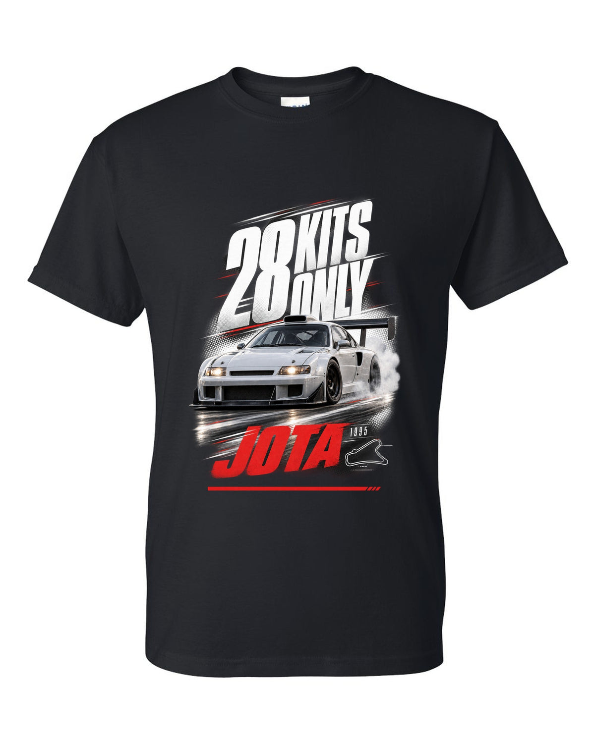 Race poster print of a Lamborghini Diablo SE30 Jota with 28 kits only text black t-shirt front view with the design