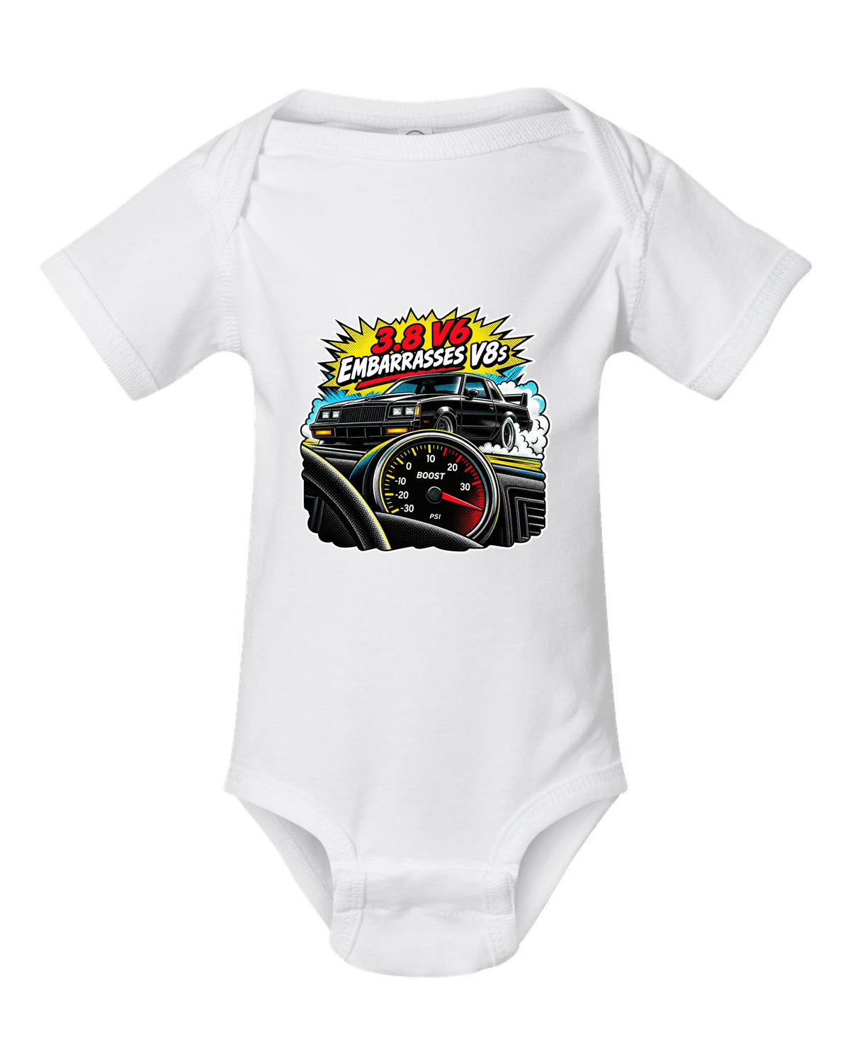 Comic halftone pop-art illustration of a 1987 Buick Grand National with boost gauge and V6 lettering white baby onesie front view with the design