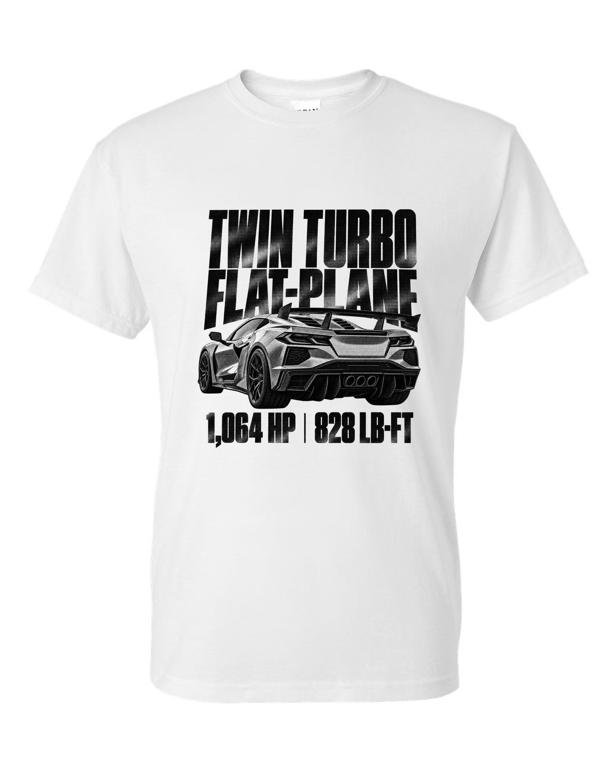 Corvette C8 ZR1 2025 hood vents and rear wing in halftone white t-shirt front view with the design