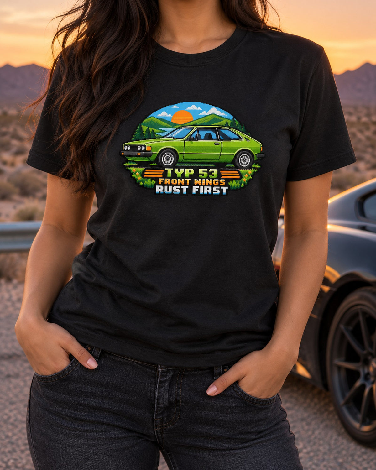 VW Scirocco Mk1 Typ 53 8-bit Pixel Art Shirt, Rust First T-Shirt Black worn hero