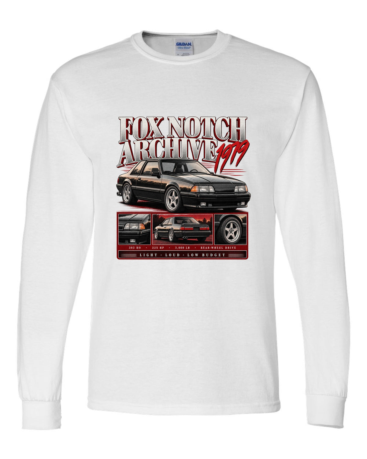Archive panel print of a Ford Mustang Fox Body notchback coupe with spec lines white long sleeve front view with the design