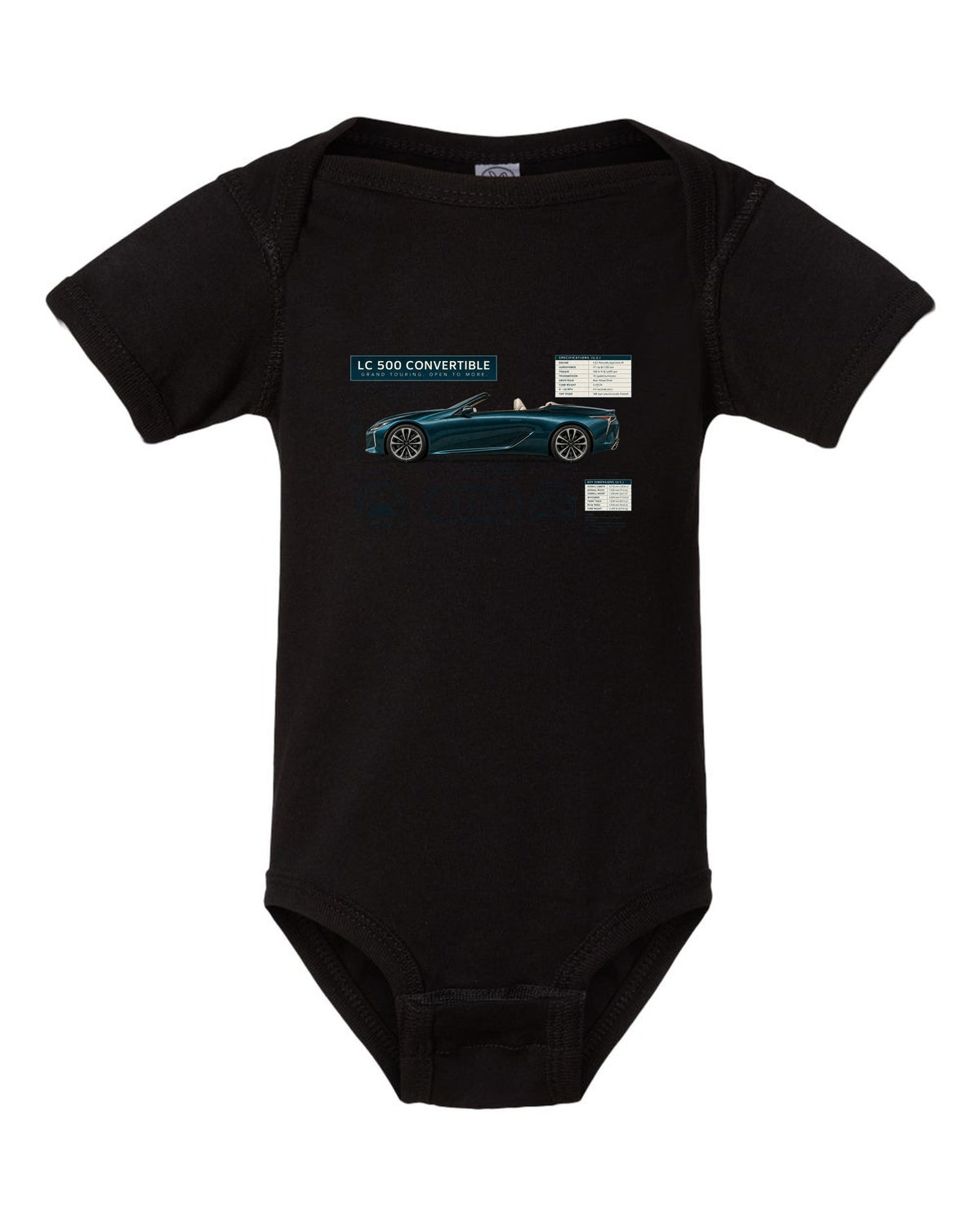 Dimension blueprint of the Lexus RC F with engine code and power figure black baby onesie front view with the design