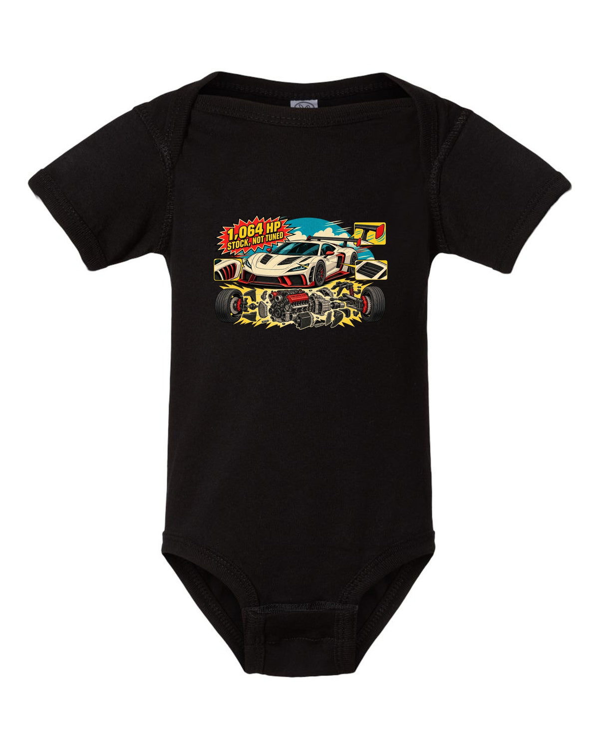 Exploded flat-plane V8 engine schematic with a 2023 C8 Corvette Z06 black baby onesie front view with the design