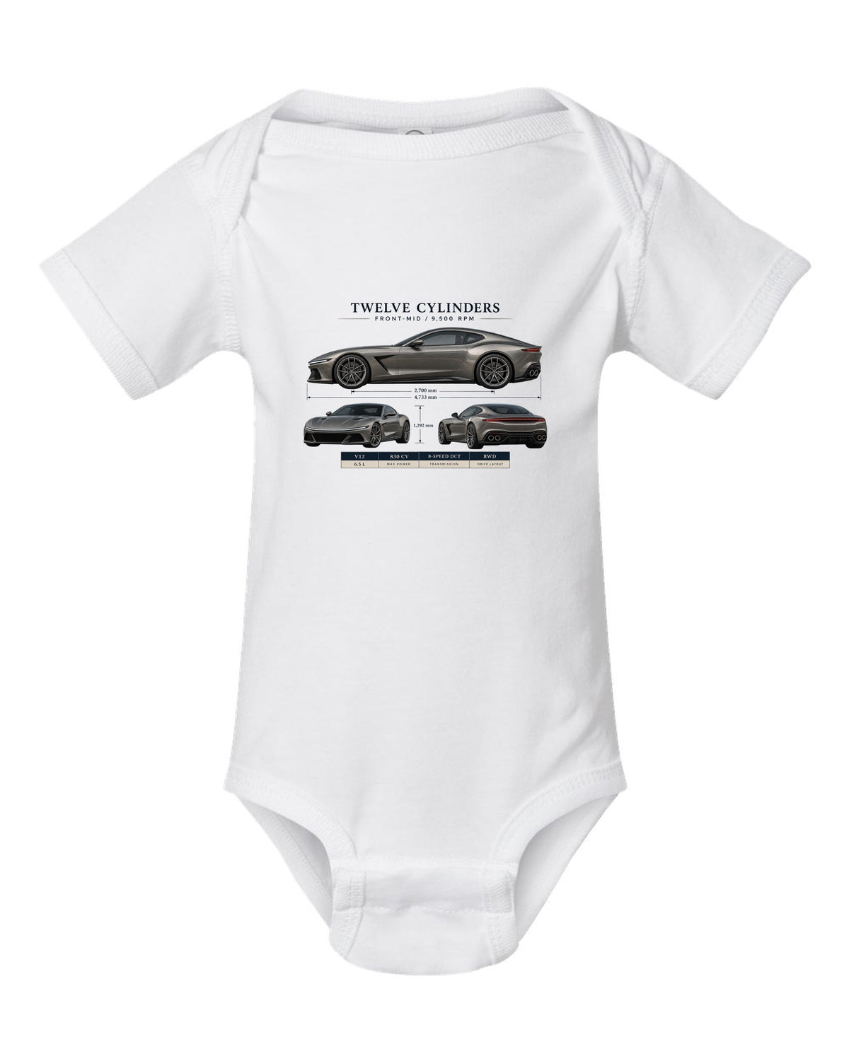 Three-view spec sheet print of the Ferrari 12Cilindri on a tee white baby onesie front view with the design