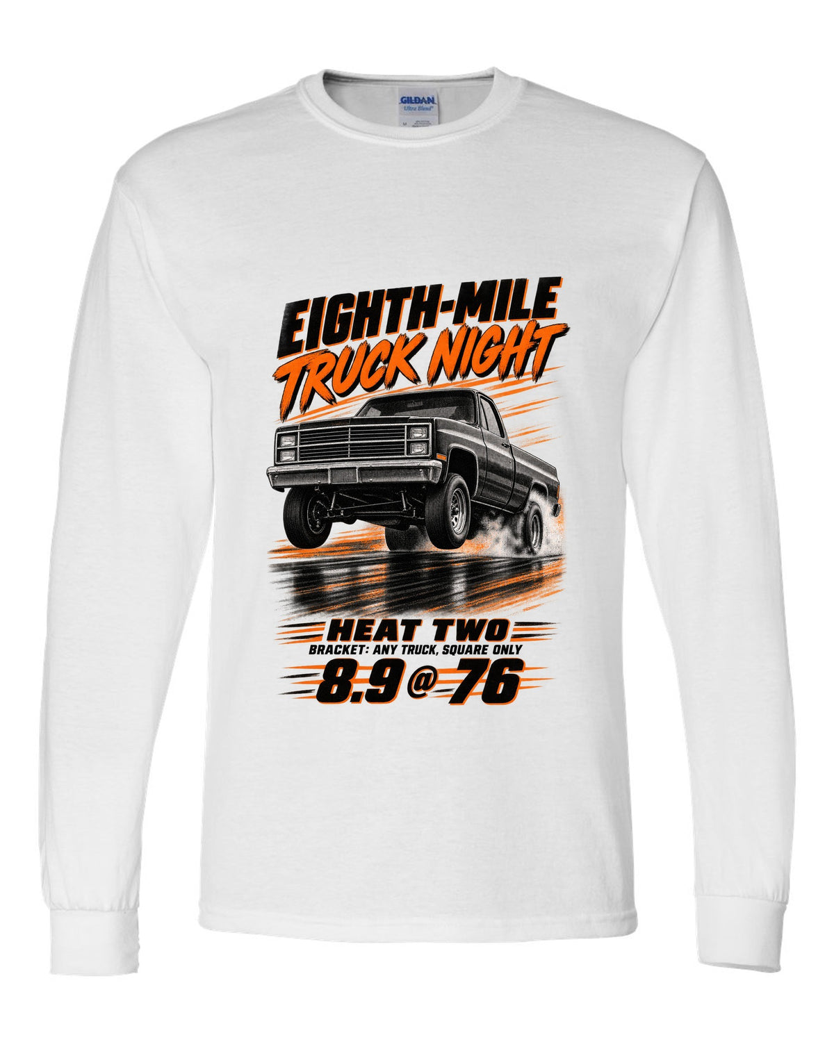 Squarebody C10 eighth-mile race poster print white long sleeve front view with the design