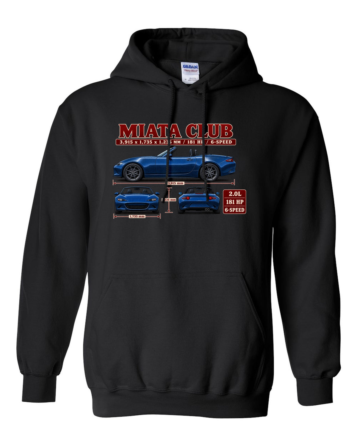 Three-view drawing and spec table of a 2019 Mazda MX-5 ND Club in Eternal Blue black pull over hoodie front view with the design