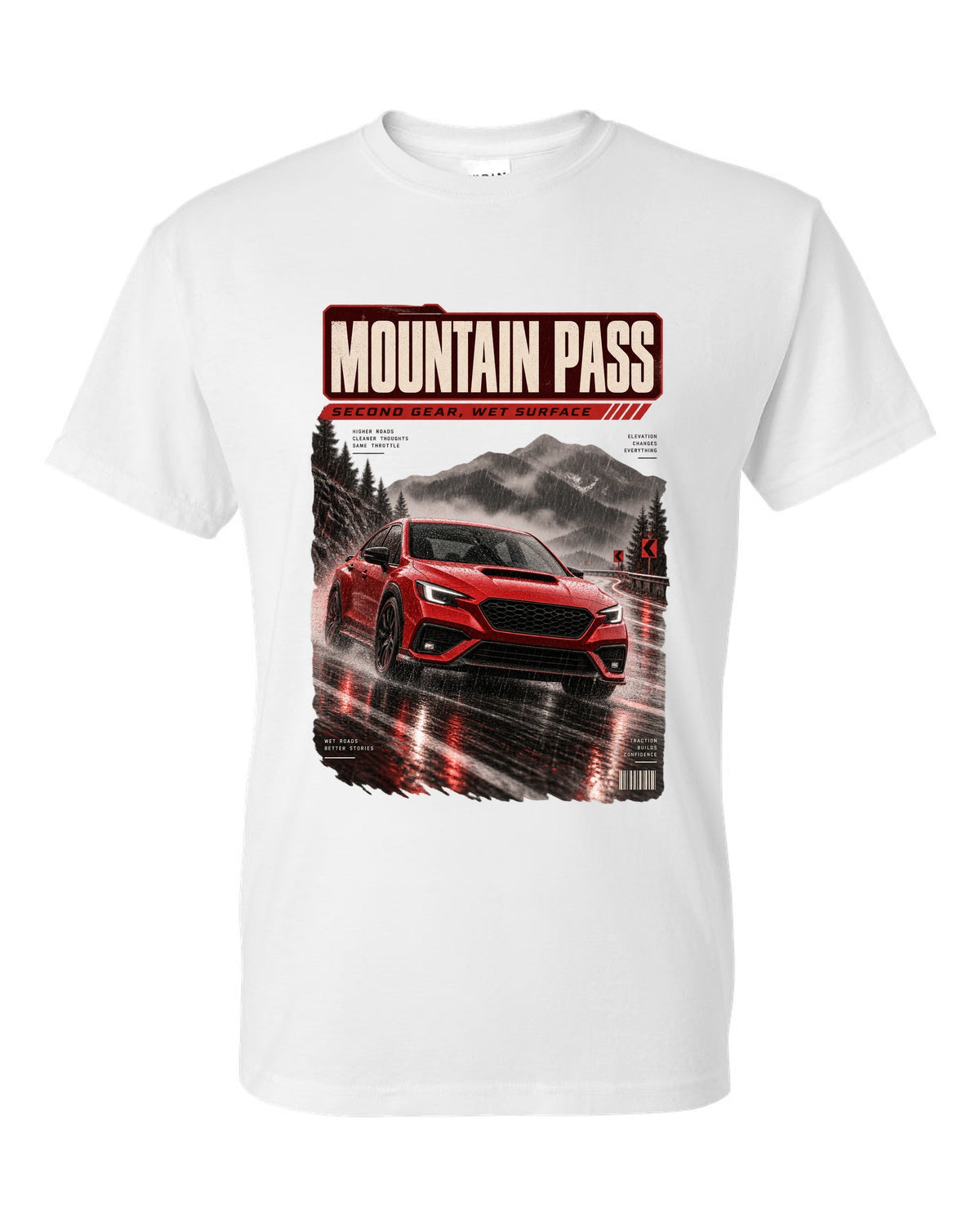 Red-orange monochrome Subaru WRX VB sedan on a wet mountain pass at night, poster-style print white t-shirt front view with the design