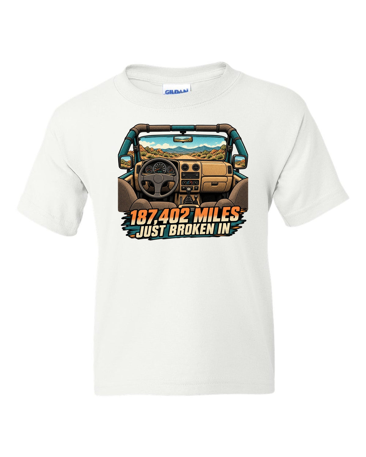 Halftone manga panel of a sun-faded Jeep Wrangler TJ dashboard with 187,402 MILES JUST BROKEN IN lettering white kids tee front view with the design