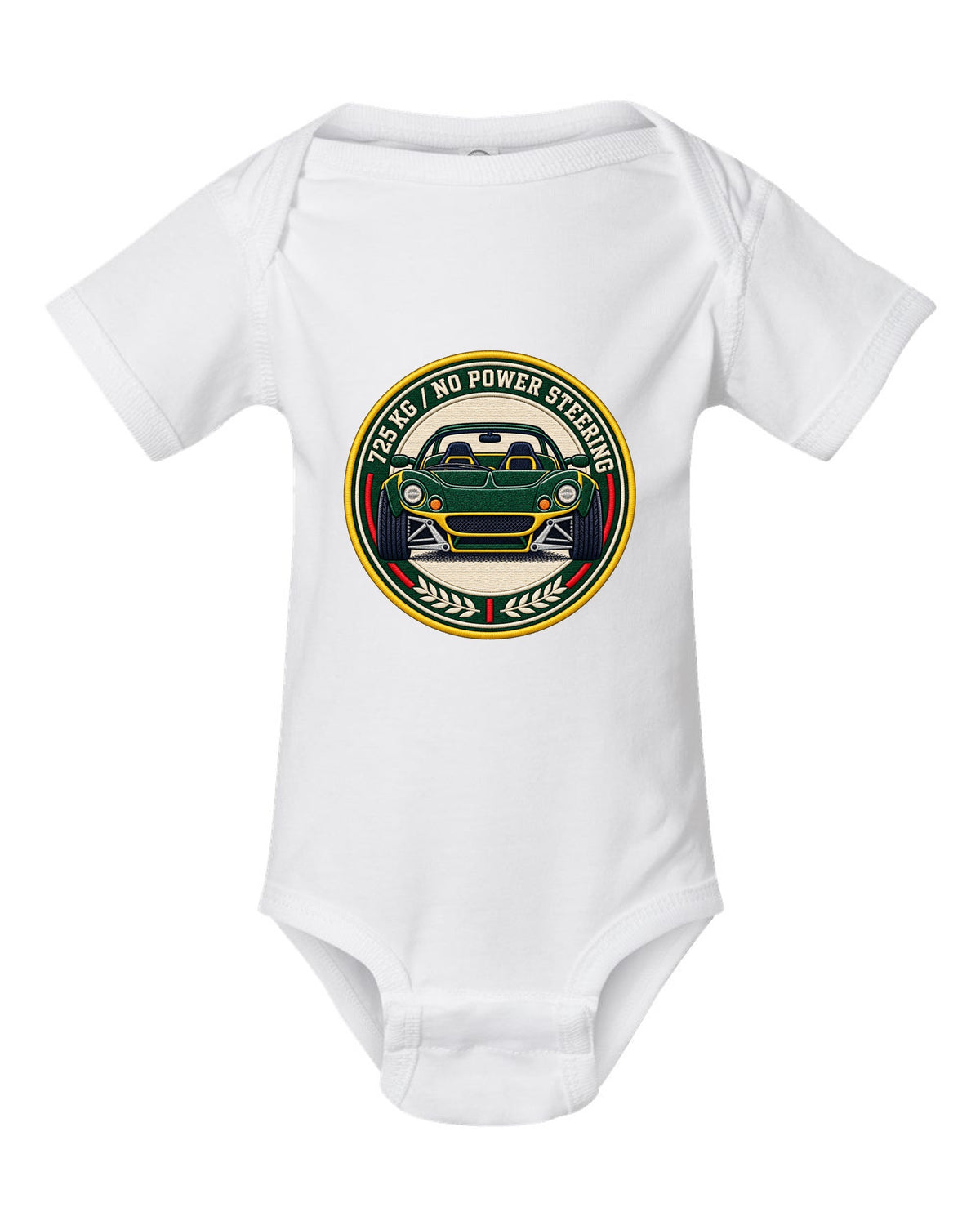 Lotus Elise S1 varsity crest design with 725 KG and no power steering lettering white baby onesie front view with the design