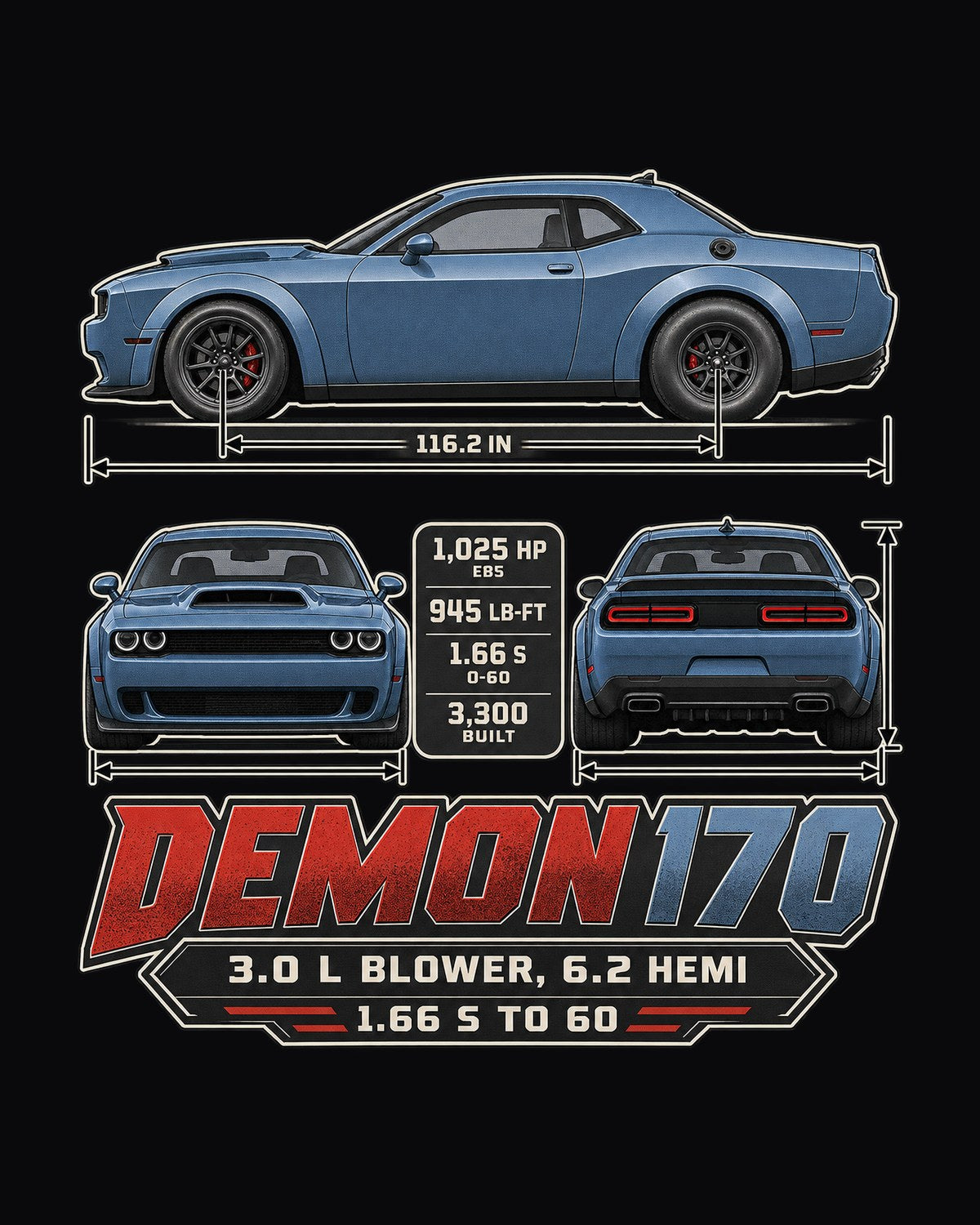 Dodge Challenger SRT Demon 170 Dimension Blueprint Shirt design only