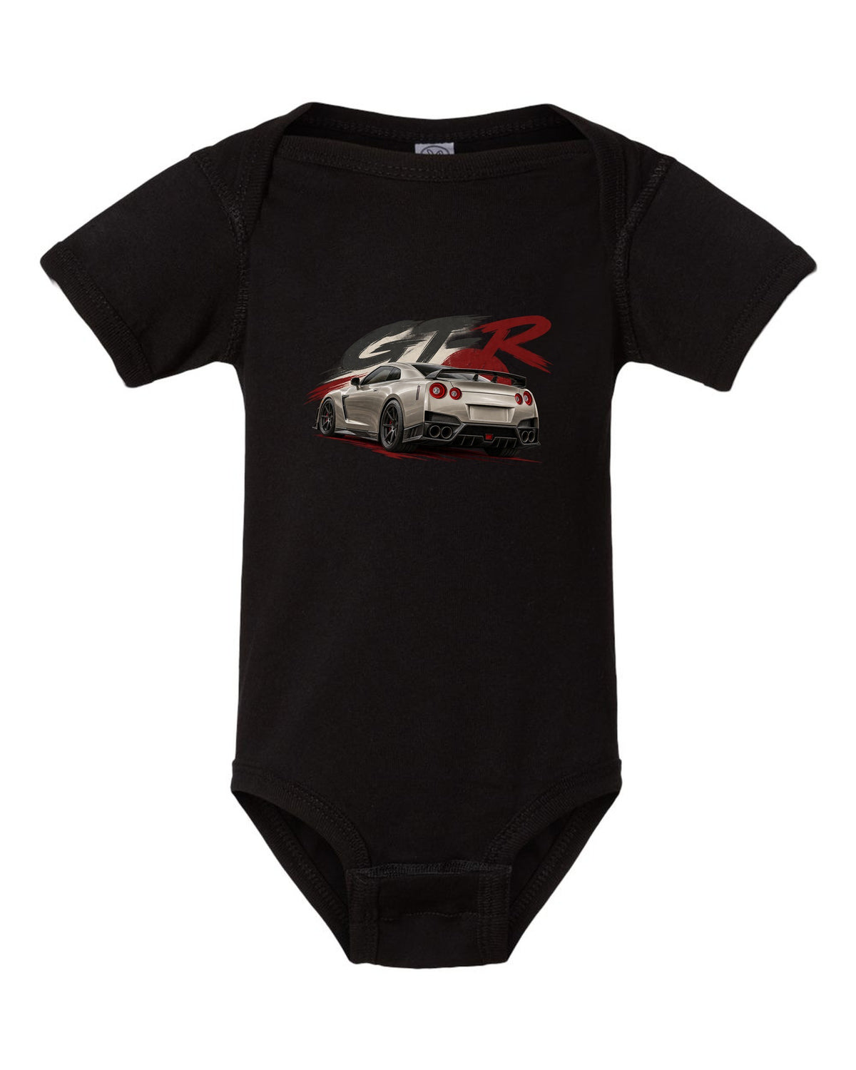 Nissan GT-R R35 VR38DETT engine drawn as a poster-style hero black baby onesie front view with the design