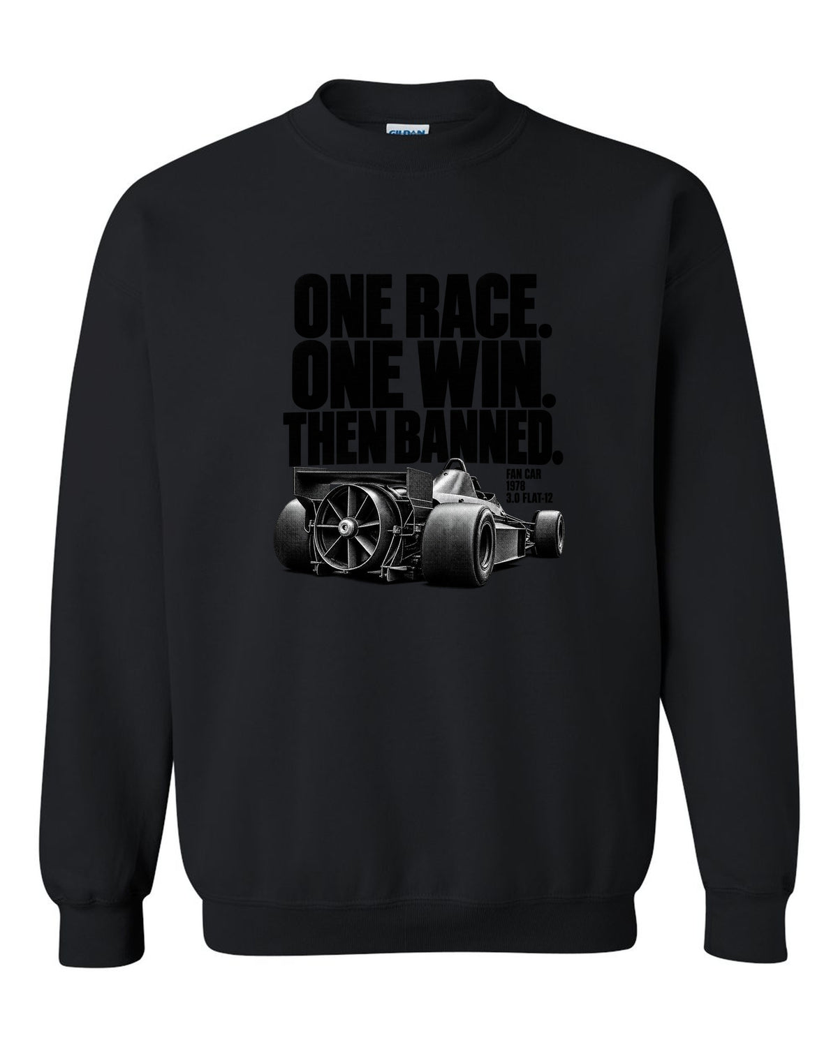 Brabham BT46B fan car halftone print with one race one win text black crewneck front view with the design