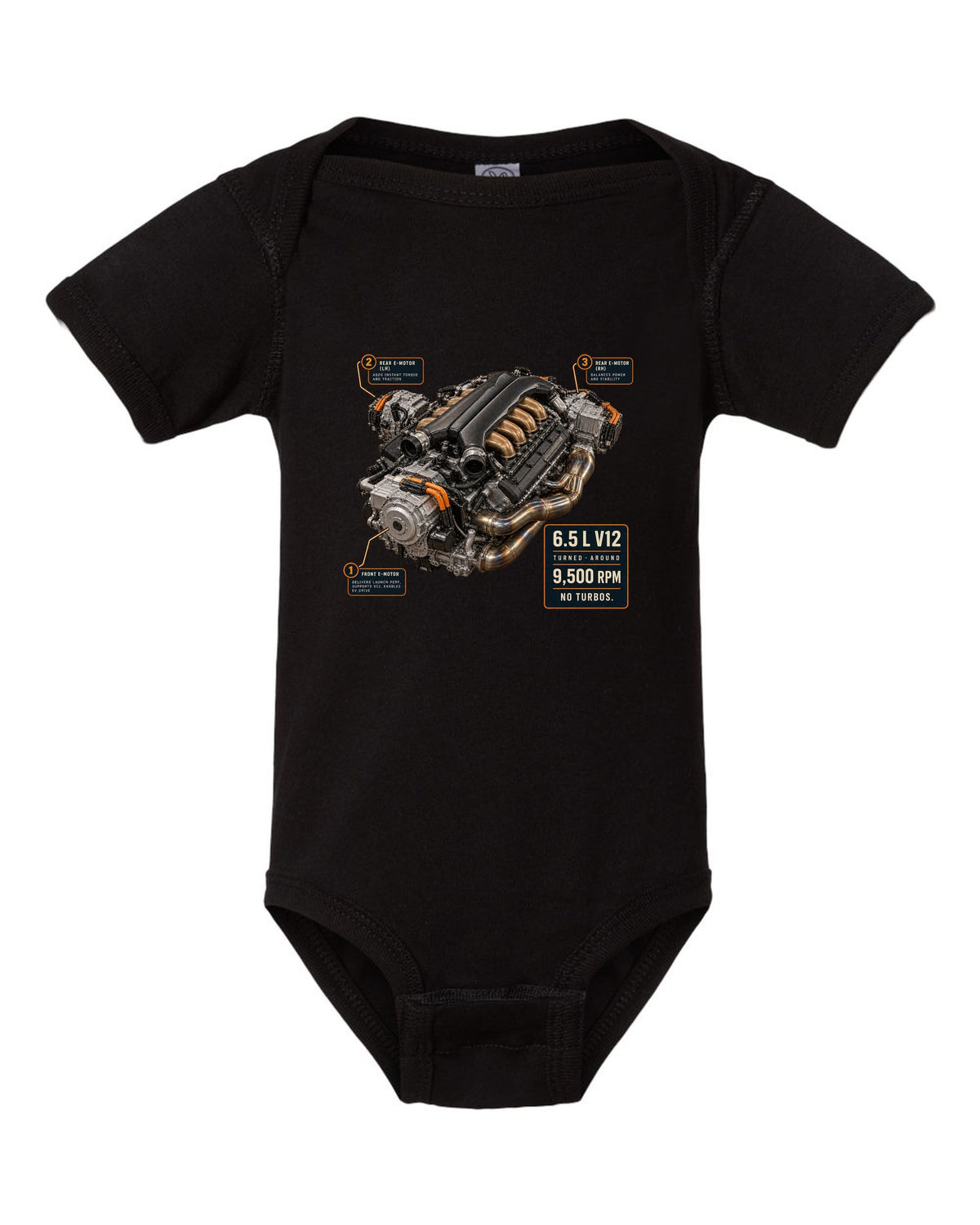 Engine hero print of the Lamborghini Revuelto L545 V12 black baby onesie front view with the design