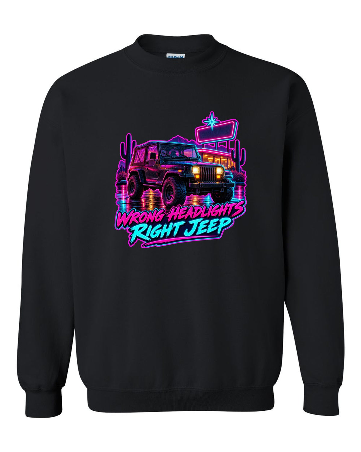 Synthwave diner scene illustration of a Jeep Wrangler YJ with WRONG HEADLIGHTS RIGHT JEEP lettering black crewneck front view with the design