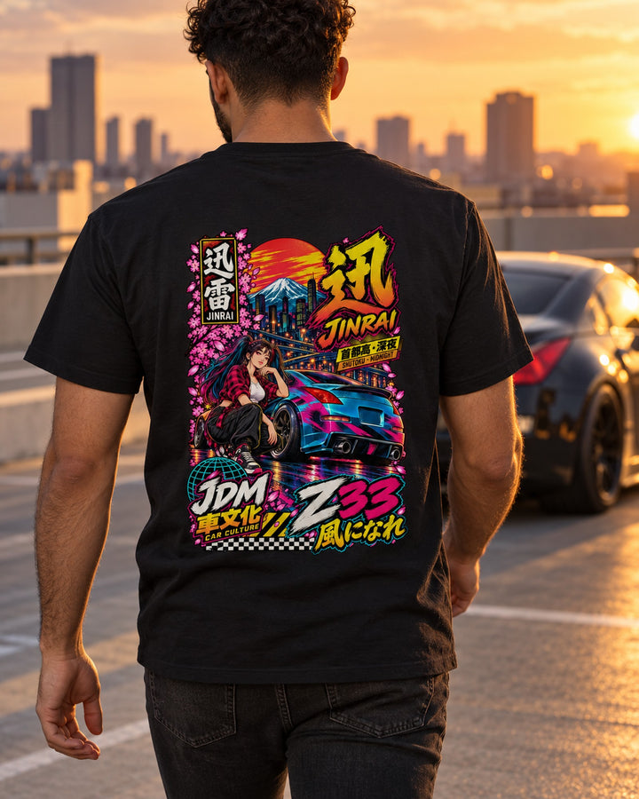 JINRAI Z33 Anime Girl Full-Back Graphic Tee T-Shirt Black worn hero